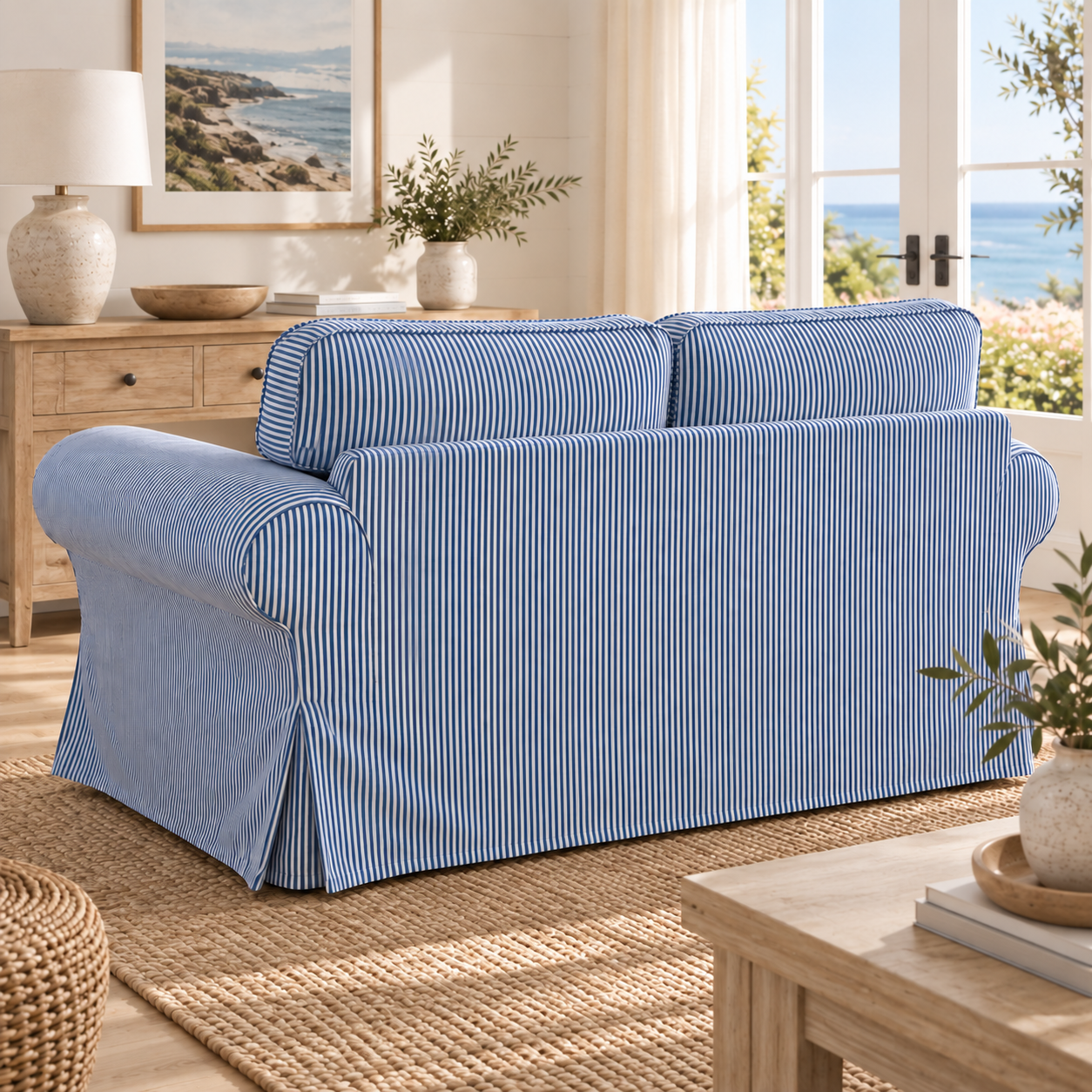 A slipcovered loveseat sofa in a bright, coastal-style living room. The loveseat has a blue and white vertical stripe pattern and is styled with a matching skirted drape.