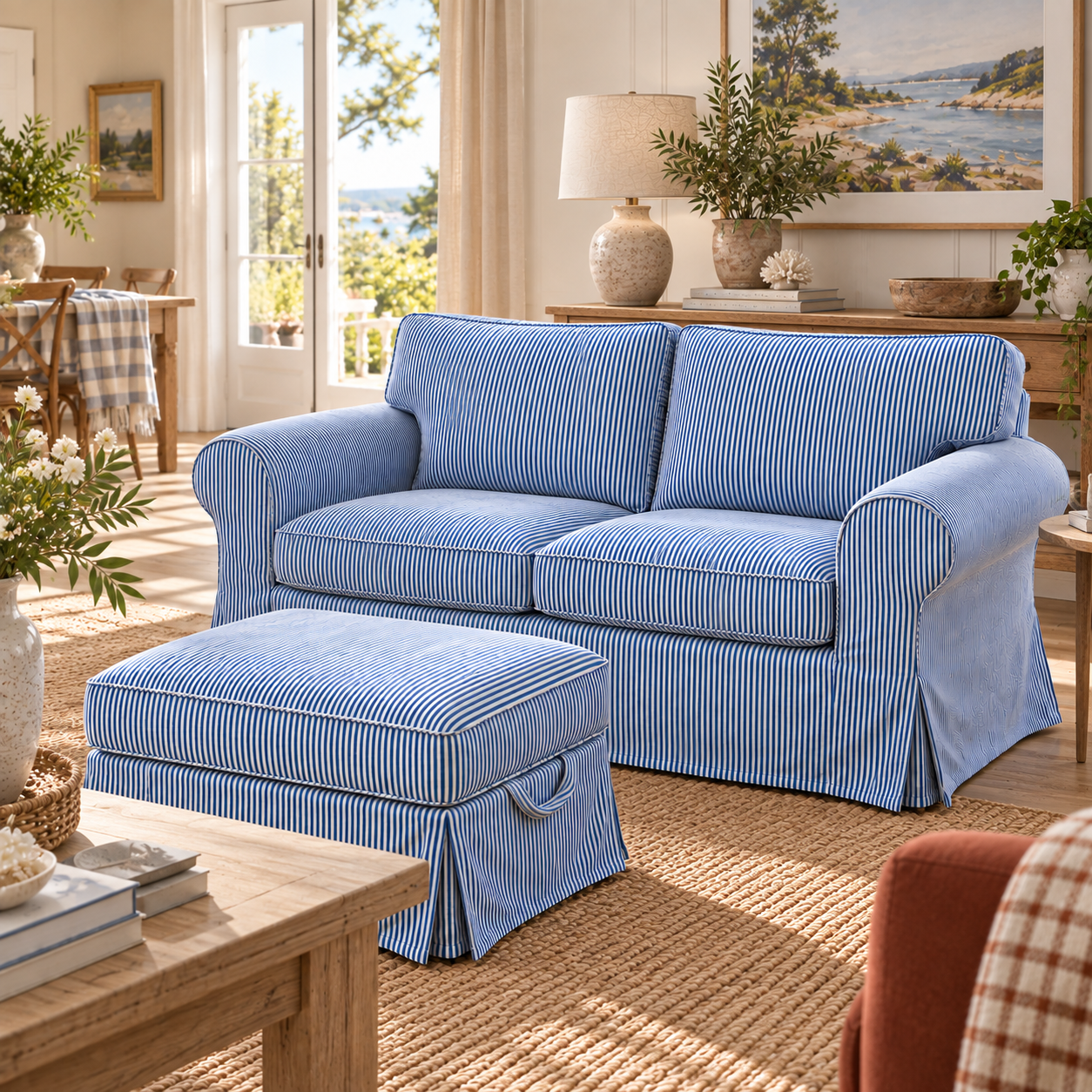 A blue and white striped slipcovered loveseat with matching skirted ottoman in a bright, sunlit living room.