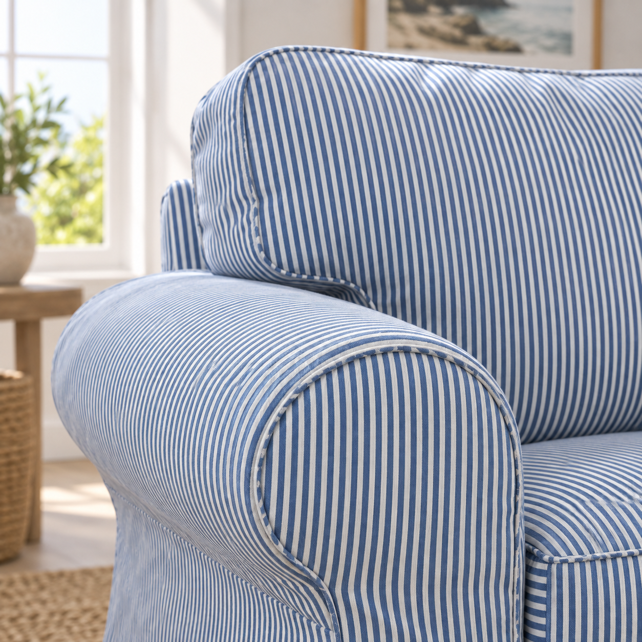 Ektorp Armchair Slipcover – Blue Ticking Stripe, Farmhouse Coastal Style, Compatible with IKEA Ektorp