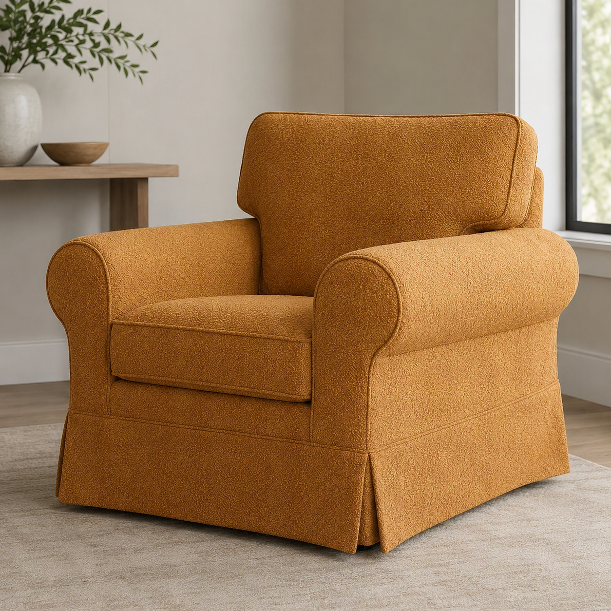 Brown boucle armchair in a room with a table and plants
