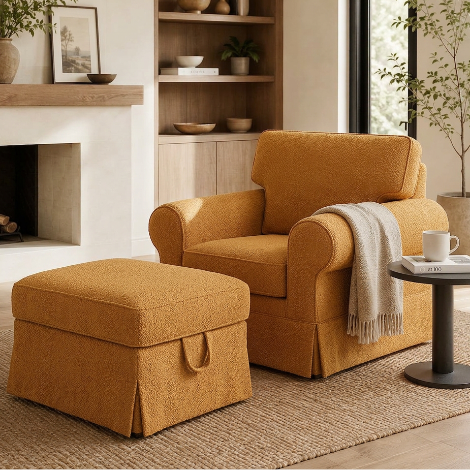 Brown boucle armchair and ottoman in a living room with a fireplace and bookshelf.