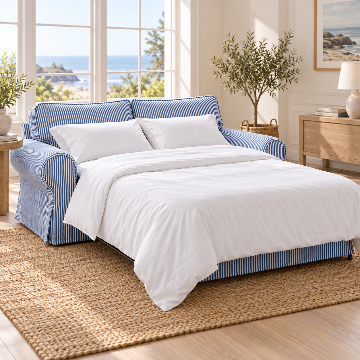 A blue and white striped convertible sofa bed styled with white bedding, set in a bright, sunlit bedroom with a window overlooking the ocean.