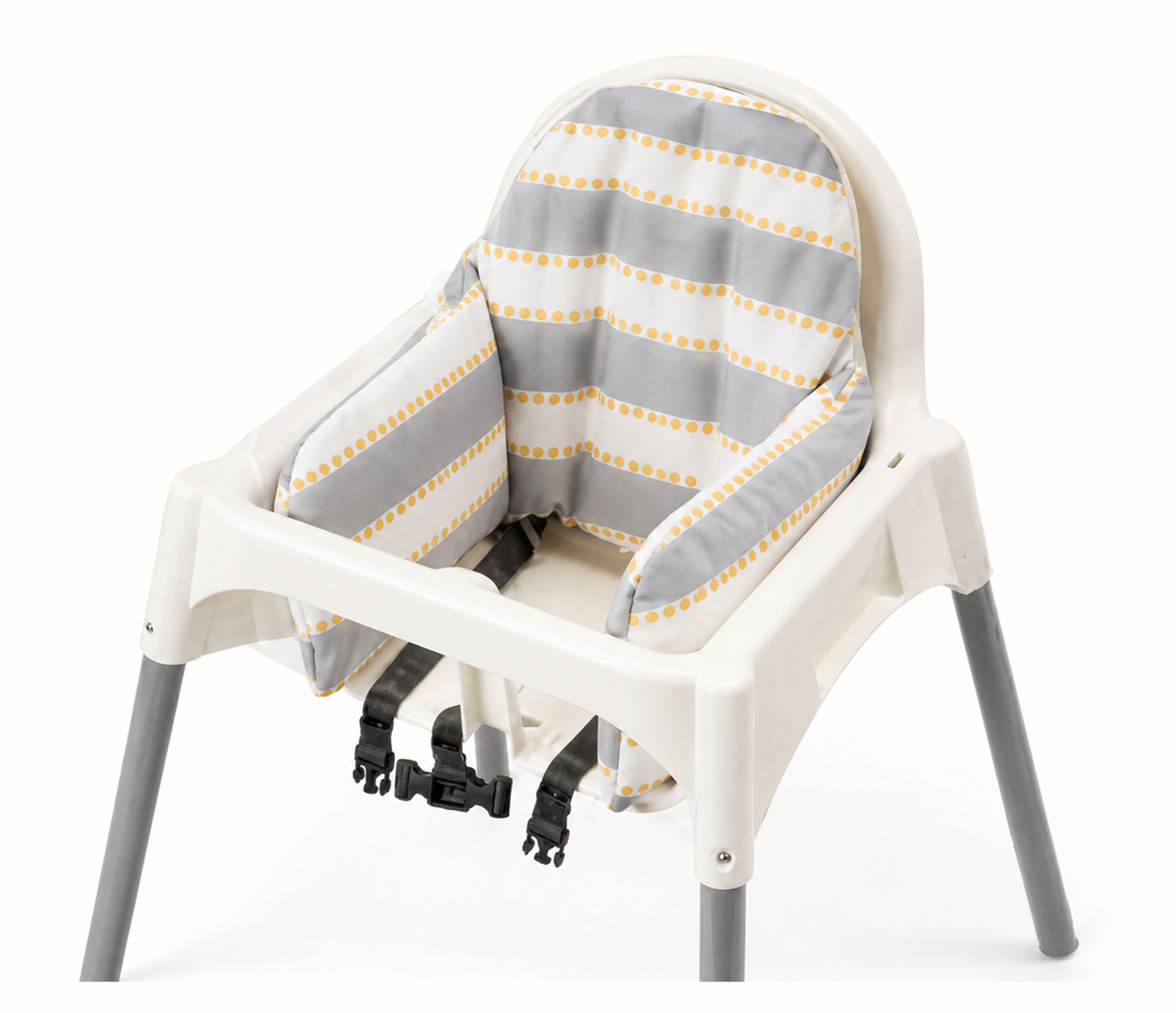 Children's high chair with a gray and yellow striped cushion on a white background