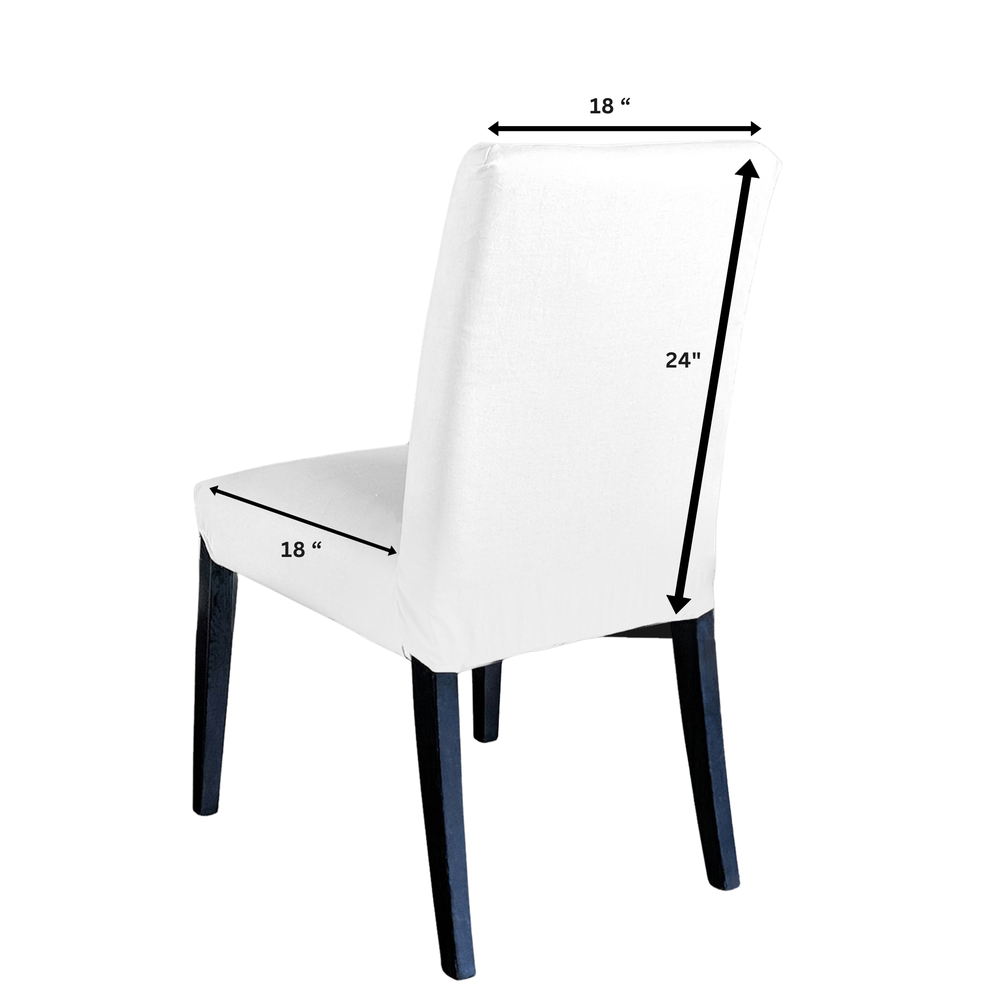 White chair with black legs and dimensions labeled on a white background