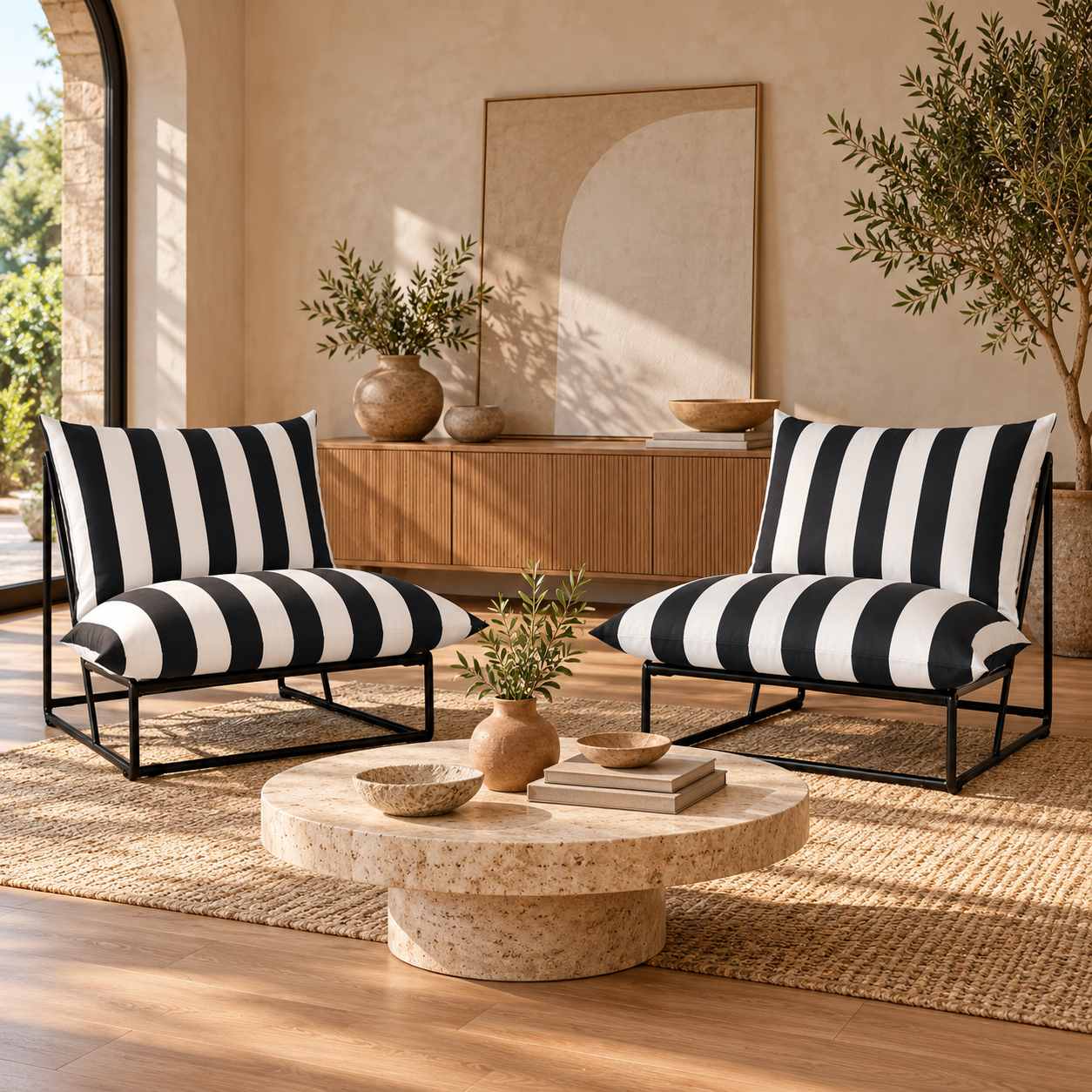 Two modern outdoor armchairs with black and white striped cushions and black metal frames, set on a woven rug in a sunlit, stylish patio lounge area.