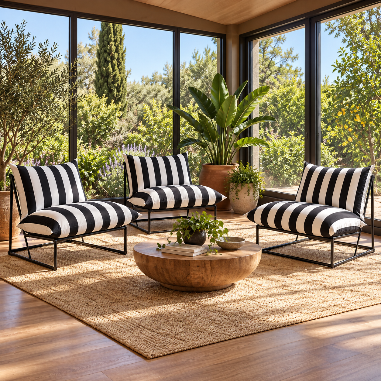Three black and white striped armchairs with black metal frames arranged around a round wooden coffee table on a beige rug in a sunlit room with large windows and green plants.
