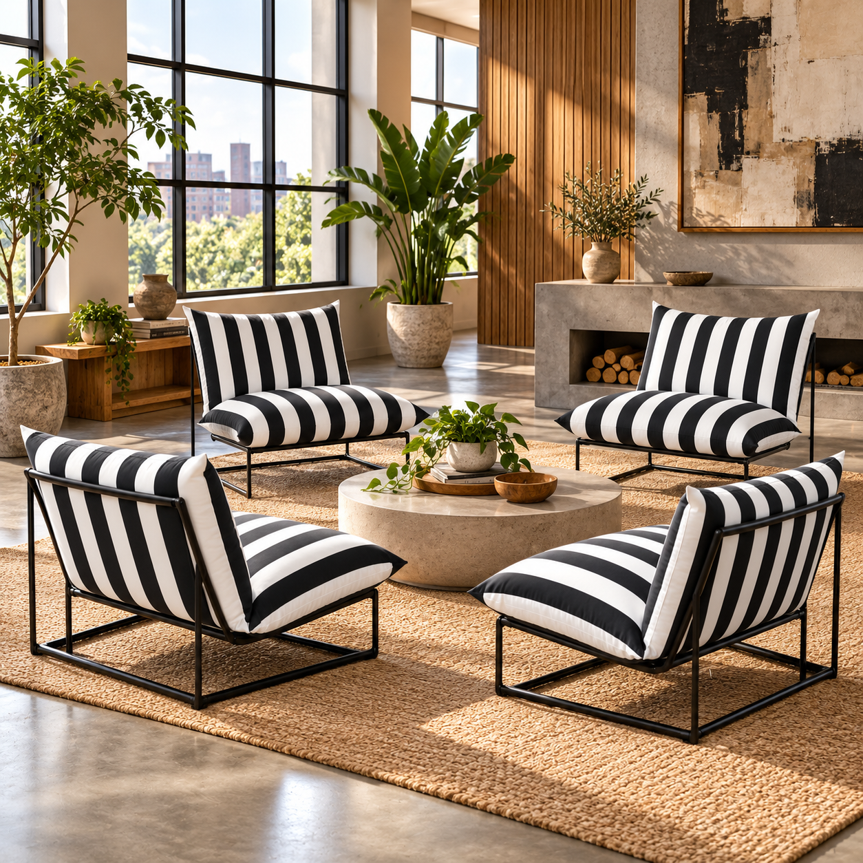 Four modern armchairs with bold black and white vertical stripes and black metal frames, arranged around a round stone coffee table in a stylishly decorated living room.