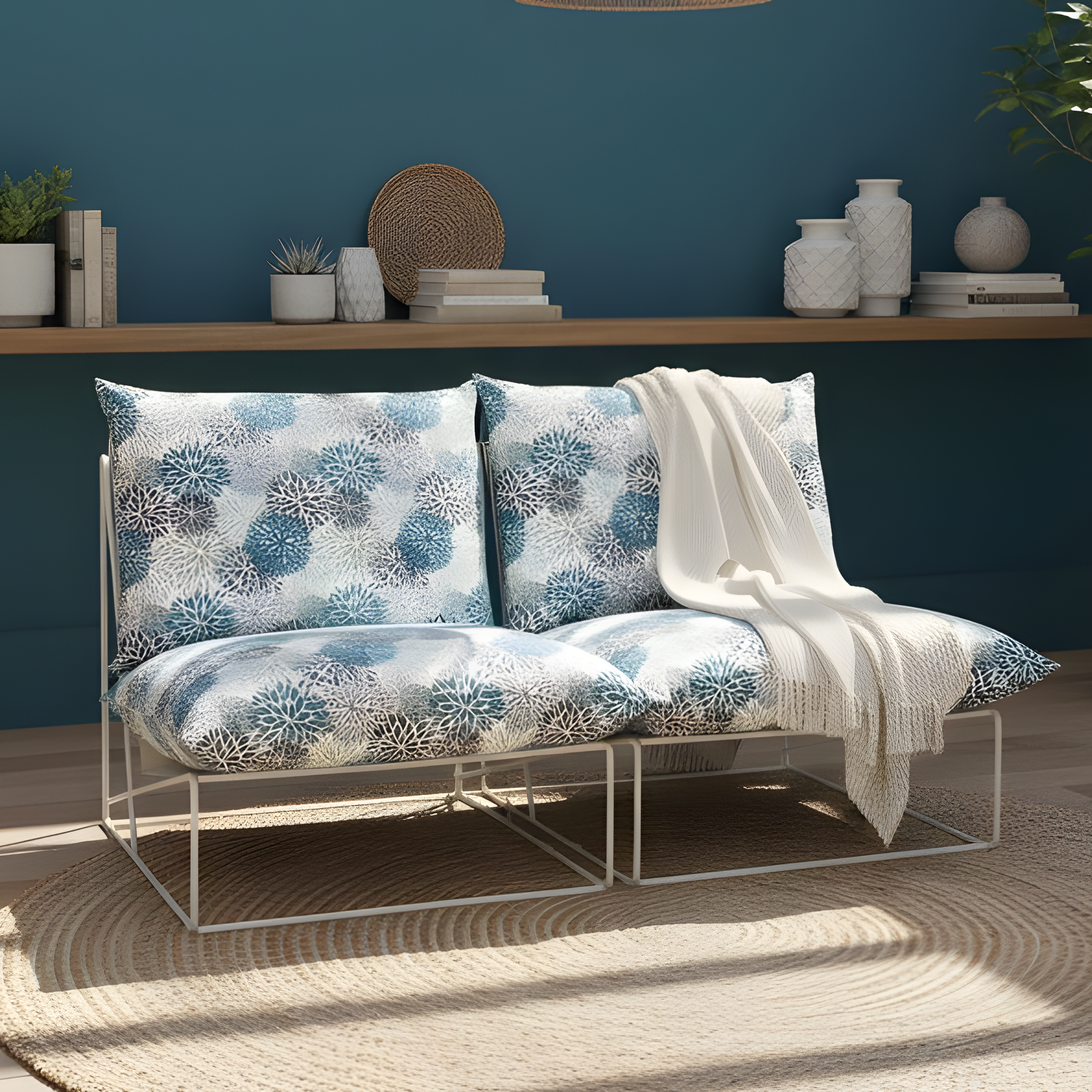 Modern living room with a sofa, cushions, and a wooden shelf against a blue wall.
