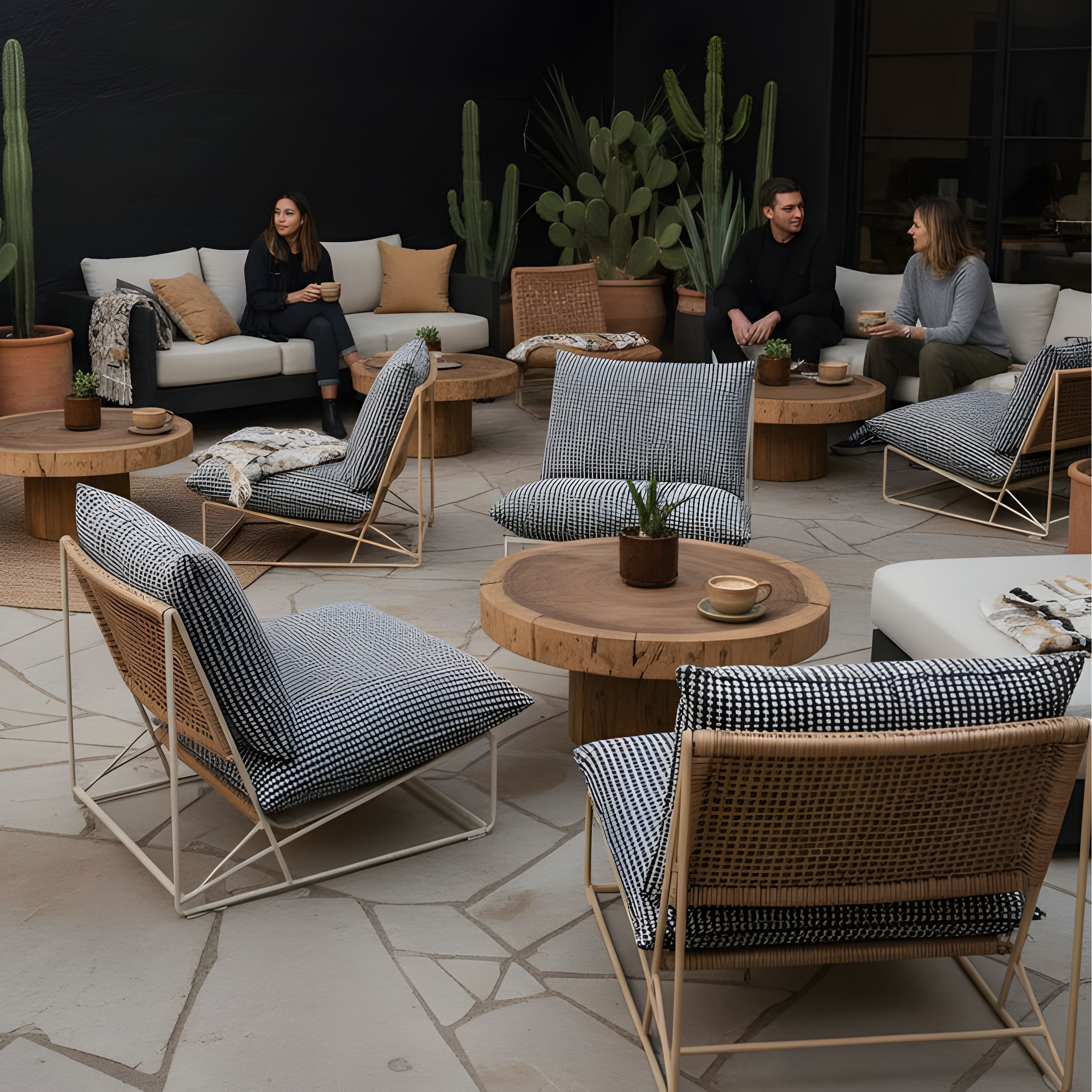Outdoor patio area with people sitting on furniture, surrounded by cacti and a dark wall.