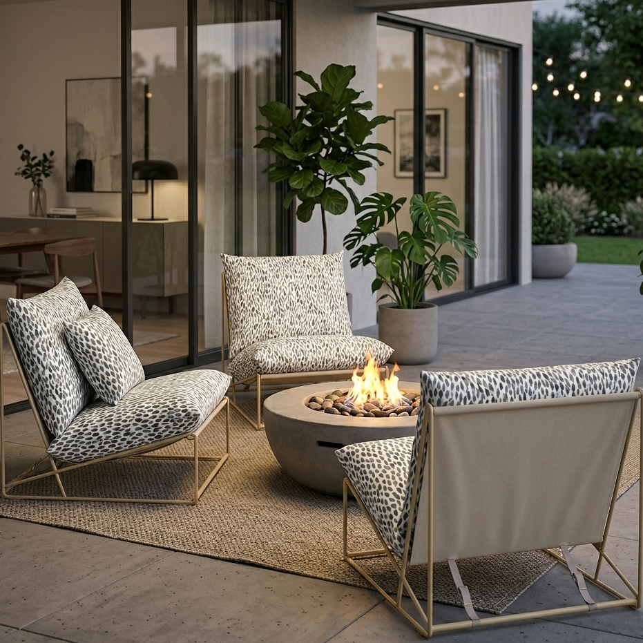 Outdoor patio with chairs, fire pit, and plants in a modern home setting