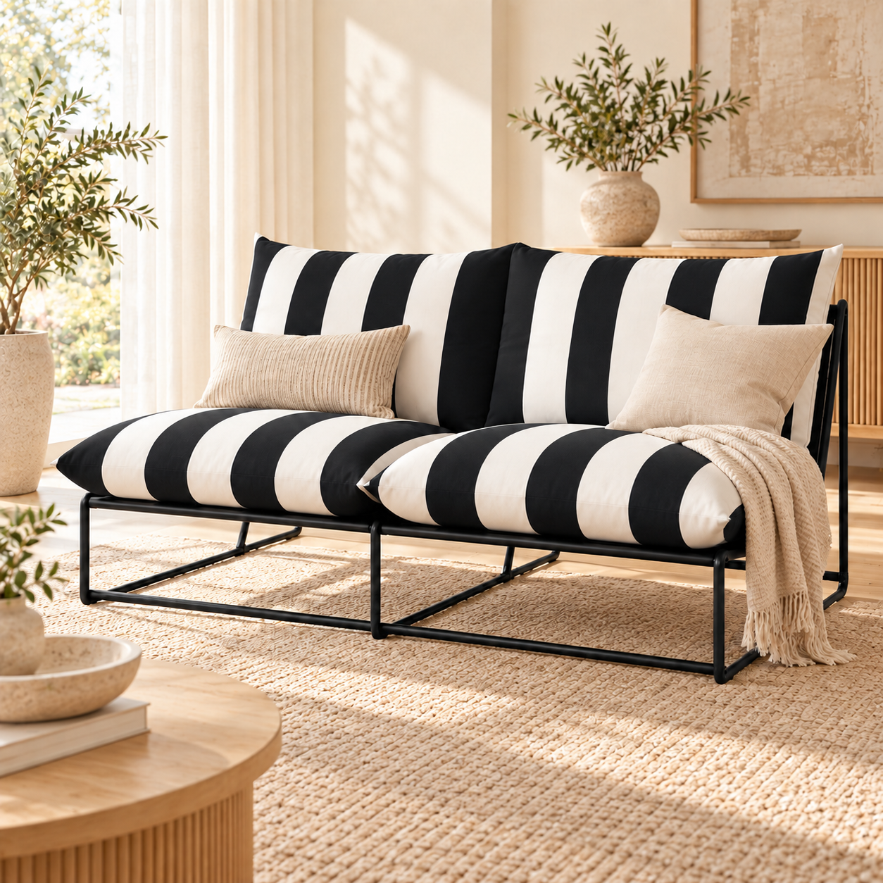 A modern two-seat sofa with black and white striped cushions and a black metal frame, styled in a bright, sunlit living room with neutral throw pillows and a cream throw blanket.