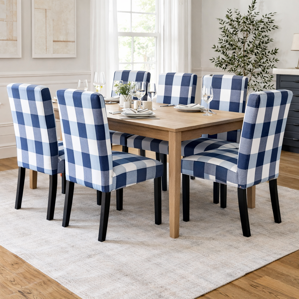 Dining room with a wooden table and six blue and white checkered chairs.