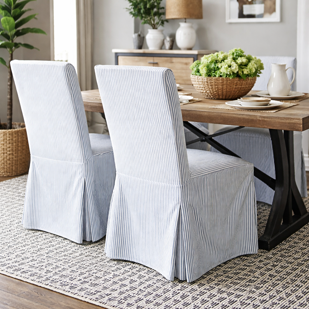 Dining room with white chair covers on chairs around a wooden table.