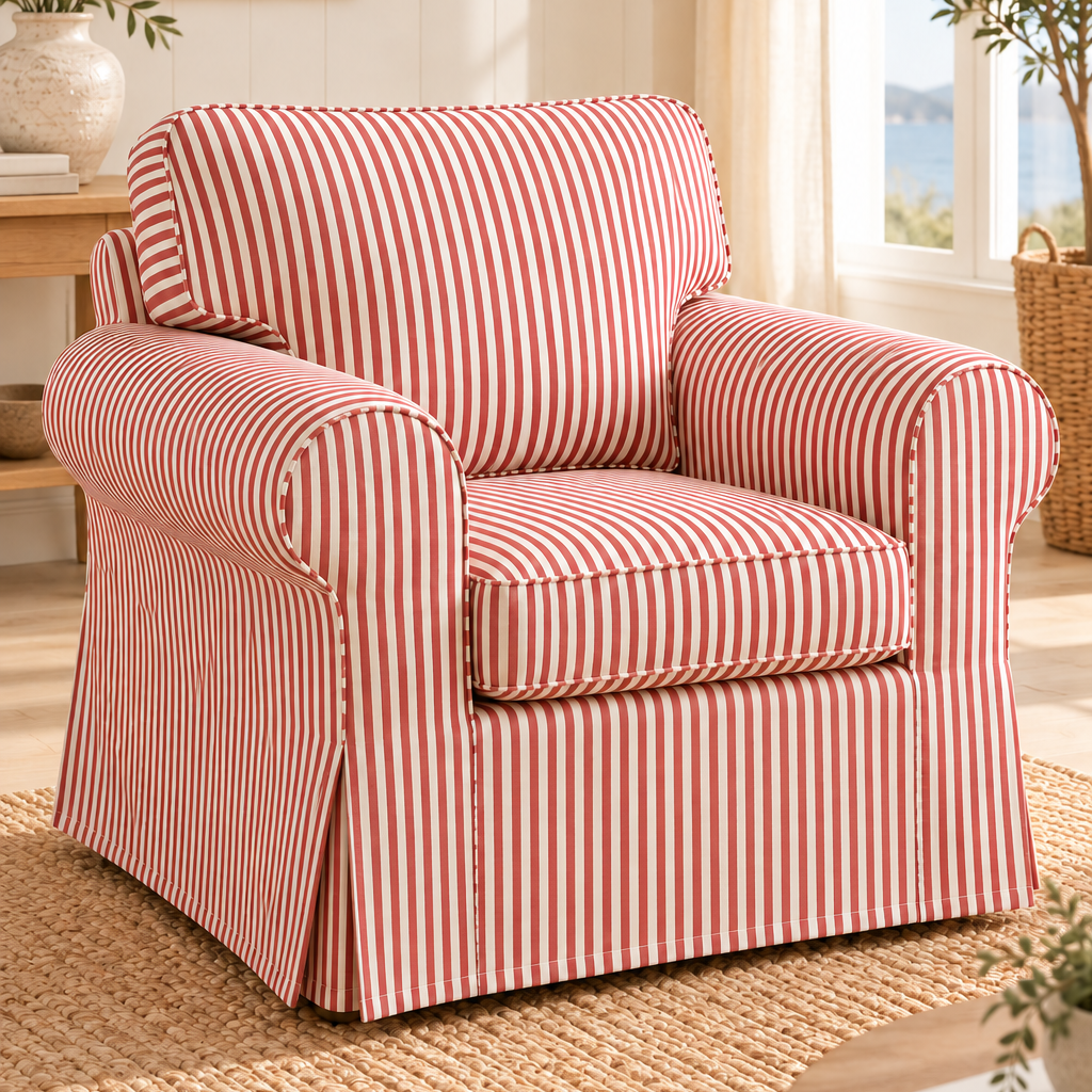 A slipcovered armchair with terracotta red and off-white vertical stripes, styled in a bright, sunlit room with a woven rug, potted plants, and a window.