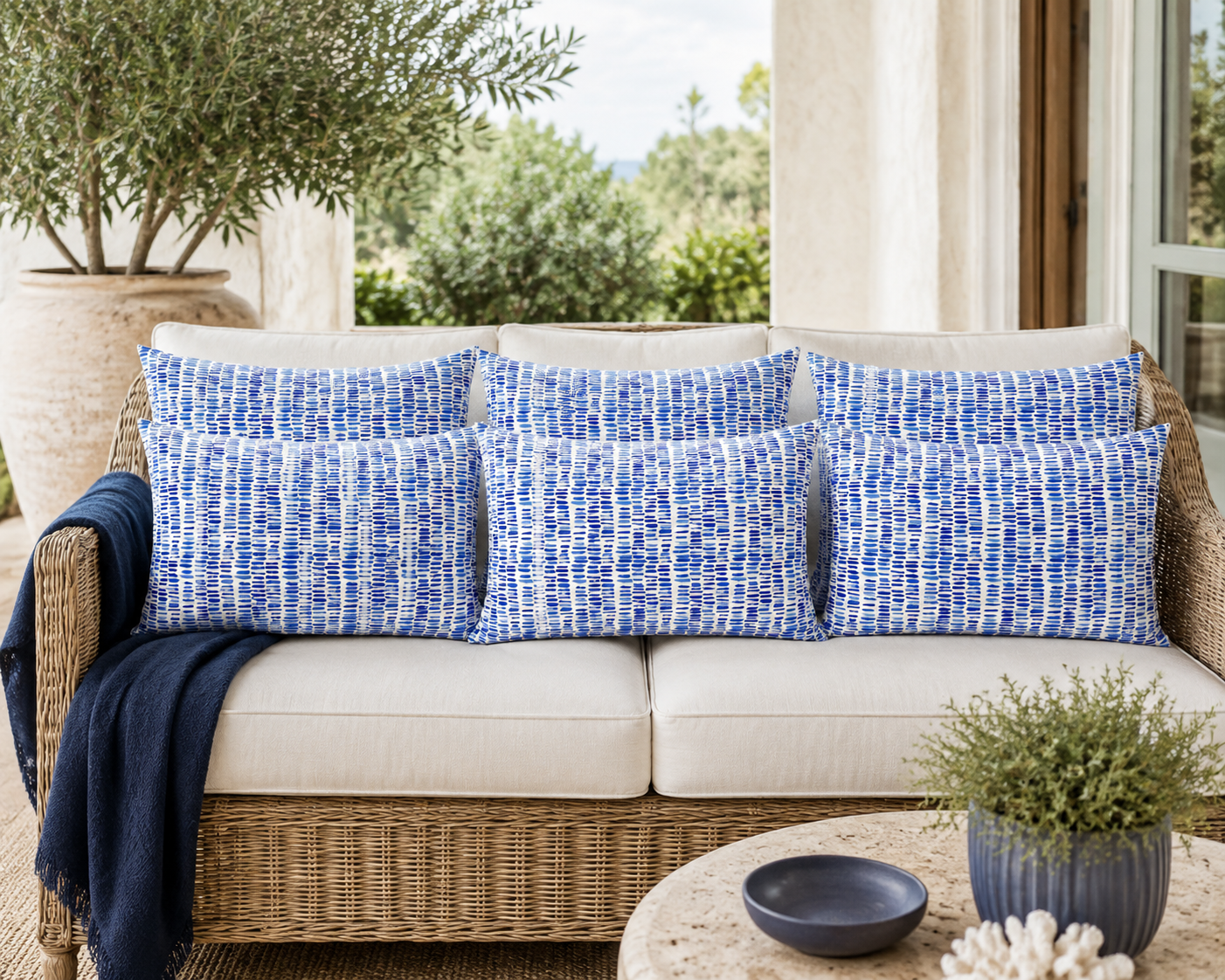 A set of blue and white patterned outdoor throw pillows arranged on a wicker patio sofa with cream cushions, styled on a porch with plants and a table in the foreground.