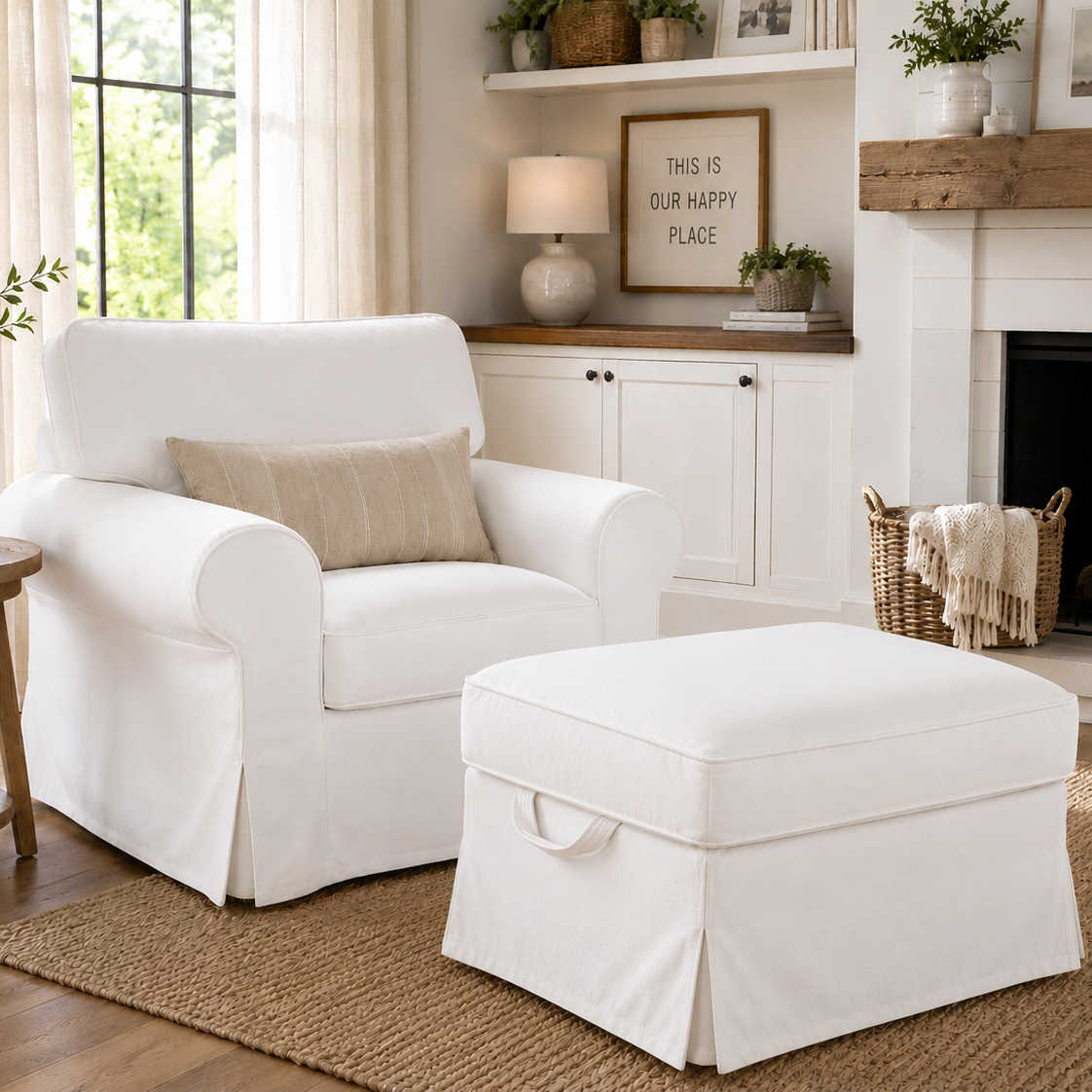 White armchair and ottoman in a living room with a fireplace and decorative elements.