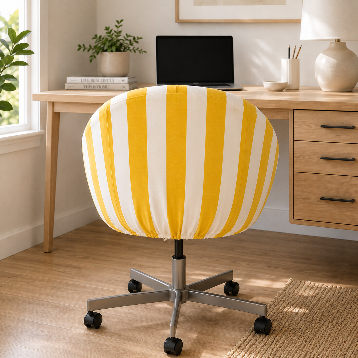 Striped office chair in a home office setting with a desk and decor.