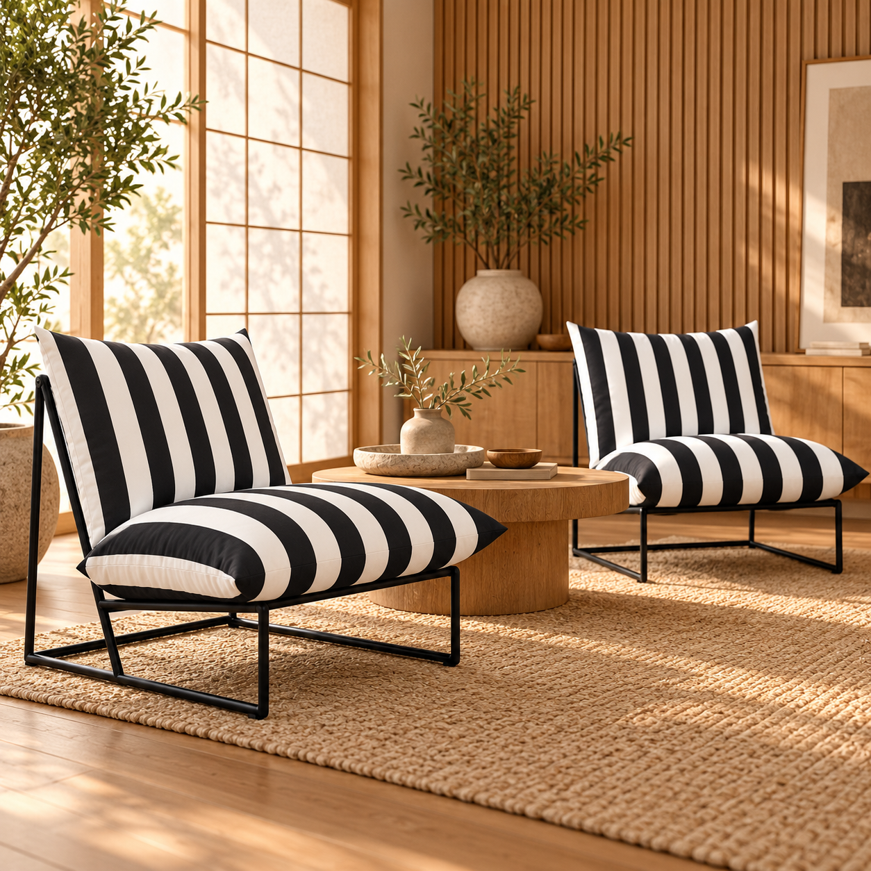 Two modern lounge chairs with bold black and white striped cushions and black metal frames, styled in a warm, sunlit room with wood slat walls, a woven rug, and a round wooden coffee table.