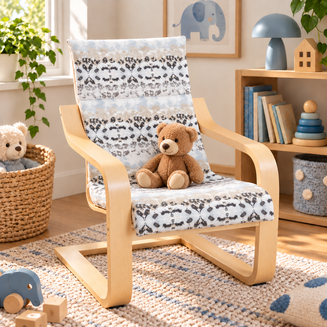 A kids Poang chair with patterned blue, white, and gray seat and back cushions, styled in a cozy child's room with a teddy bear sitting on the chair.