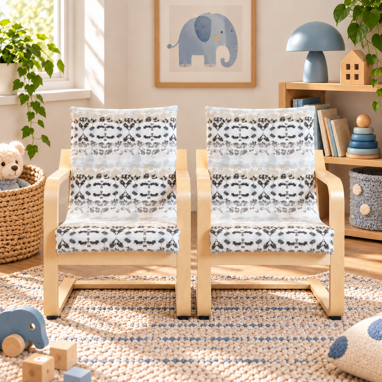 Two wooden IKEA children's chairs with patterned light blue, white, and black seat and back cushions, placed in a styled nursery or playroom setting with toys, a plant, and a bookshelf.