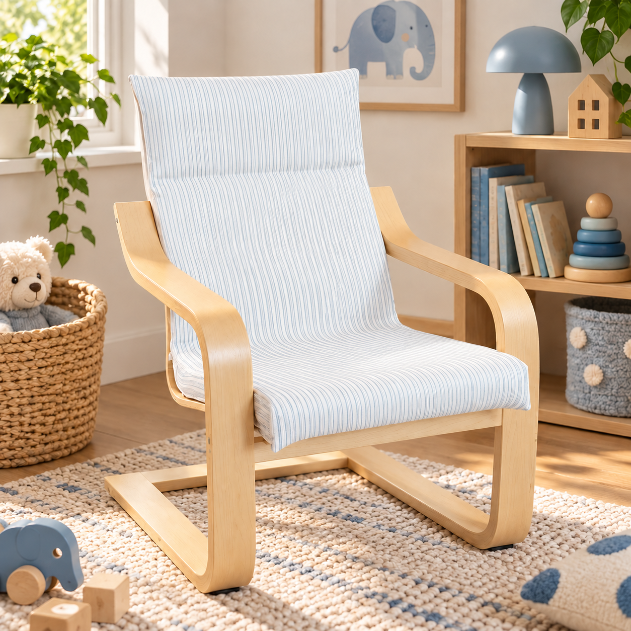 A IKEA children's Poang with a light blue and white striped fabric cushion, set in a cozy, sunlit children's room with toys, a bookshelf, and a woven basket.