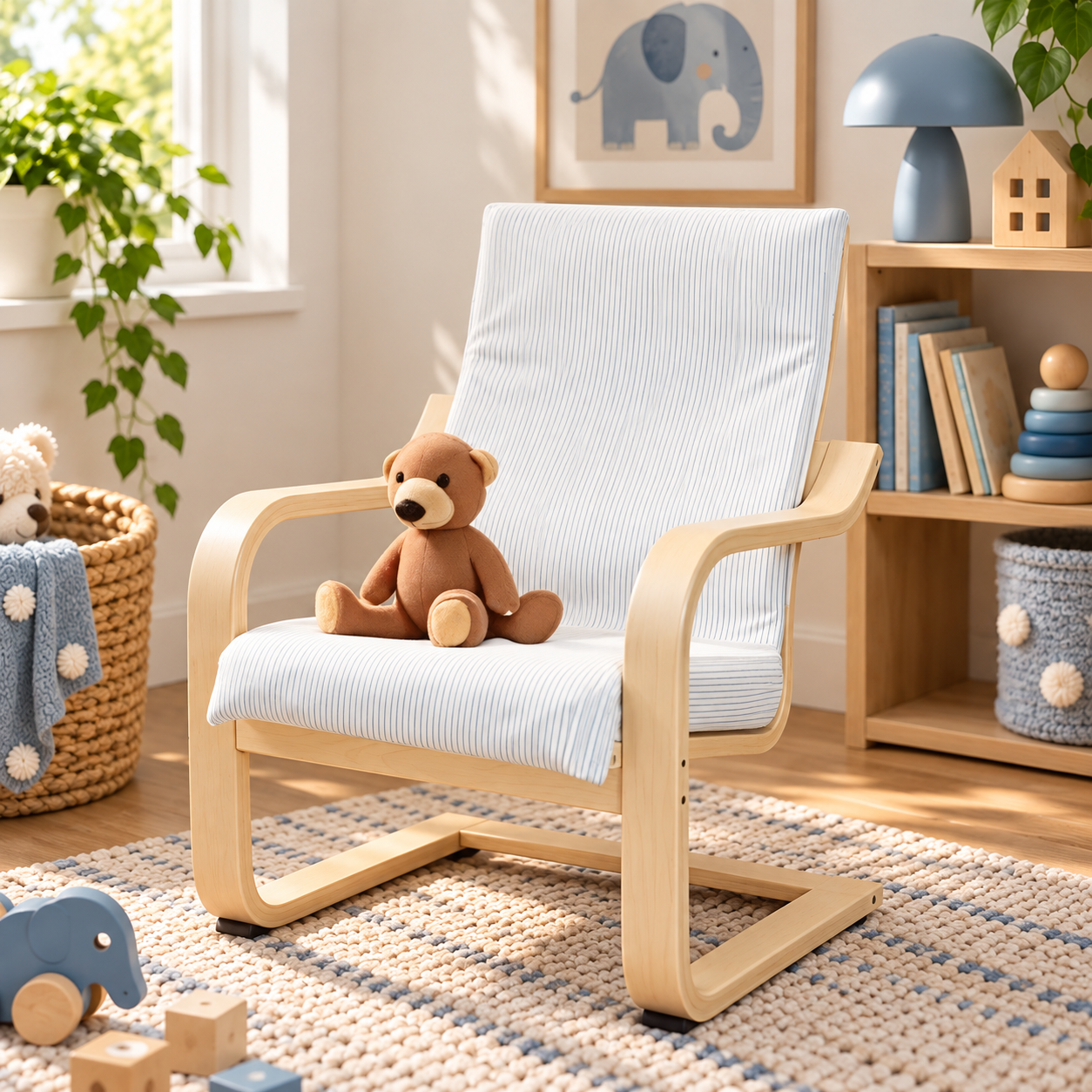 A light wood IKEA kids armchair with a white and blue striped cushion sits in a styled children's room. A brown teddy bear is placed on the chair, with toys, a bookshelf, and a window in the background.