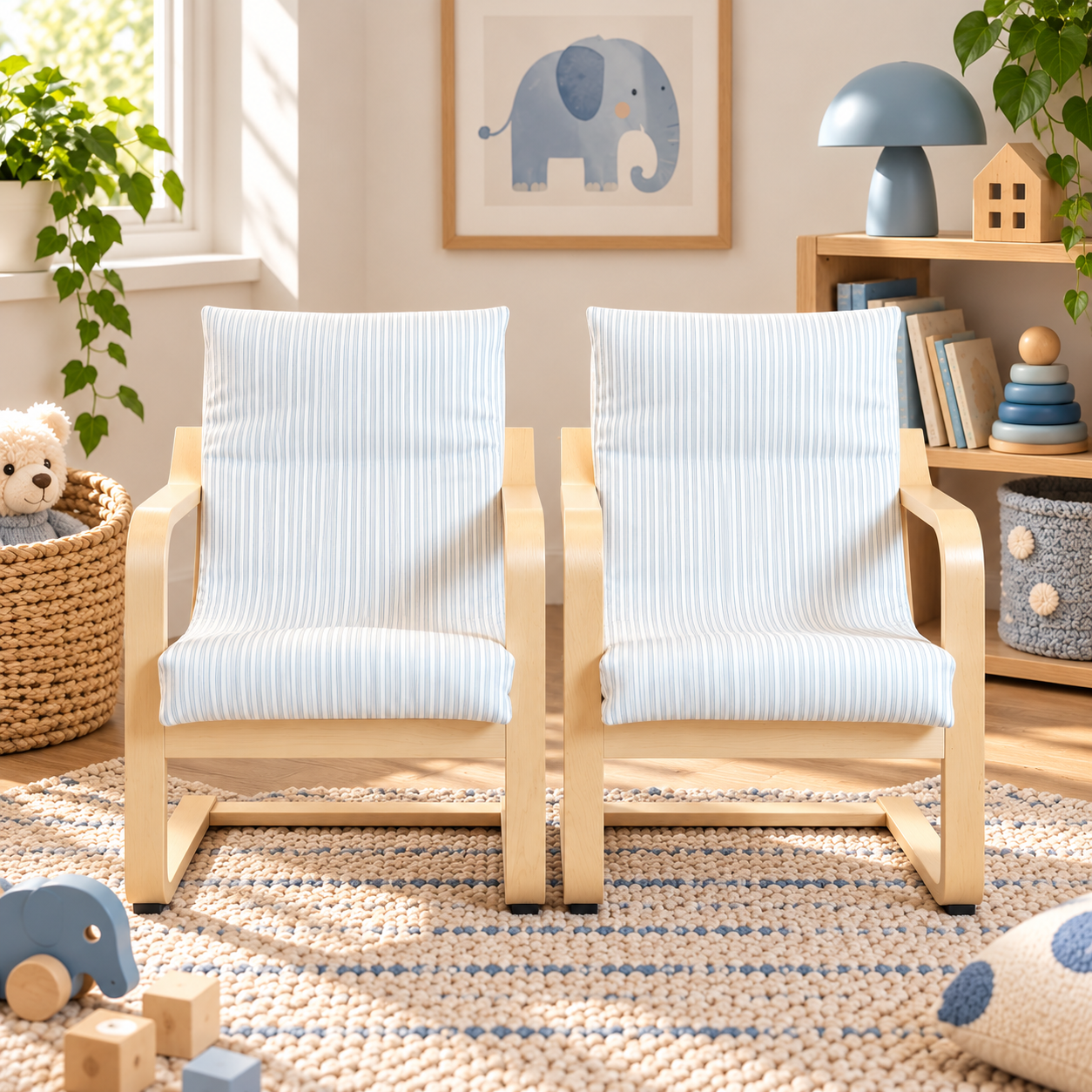 Two wooden IKEA children's chairs with light blue and white striped cushions, placed on a woven rug in a bright, styled nursery room.