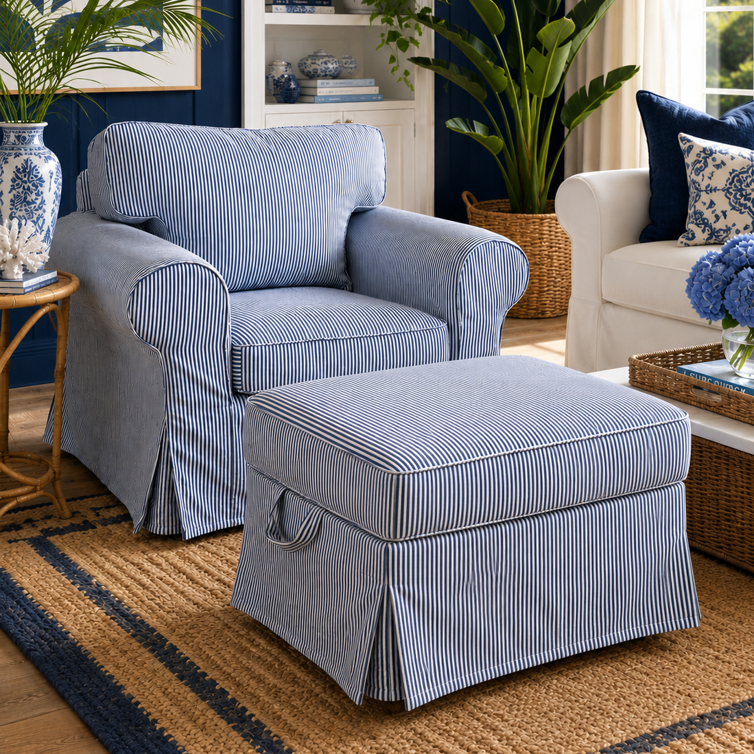 Living room with blue striped armchair and ottoman, plants, and decor.