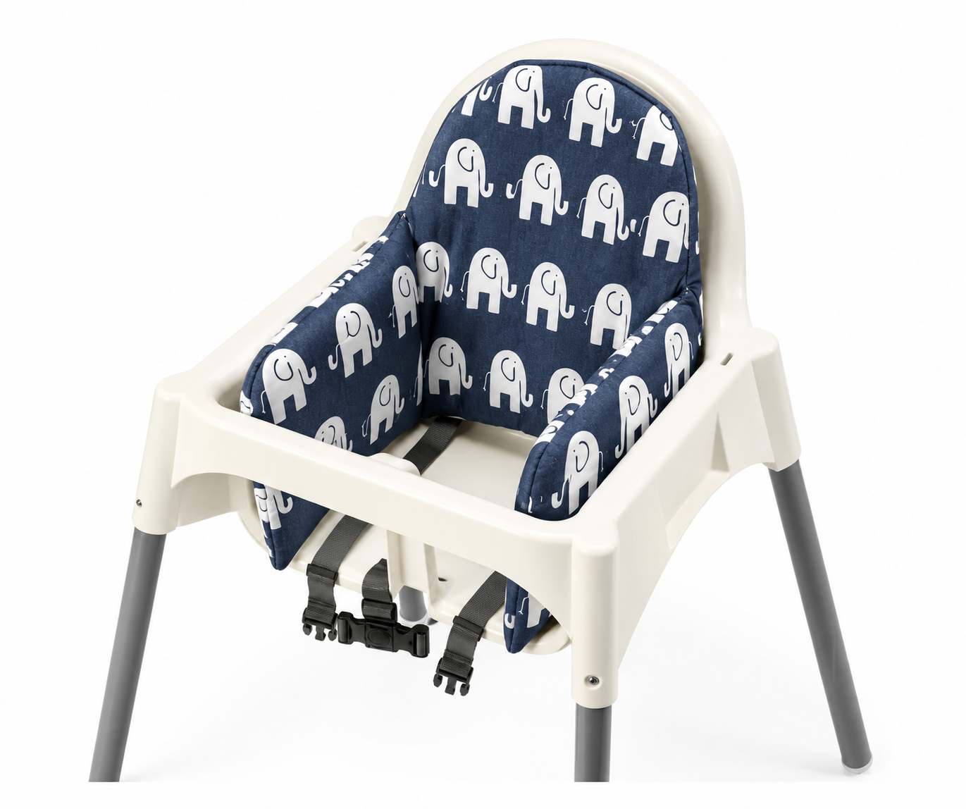 Children's high chair with blue cushion featuring white elephant pattern on a white background