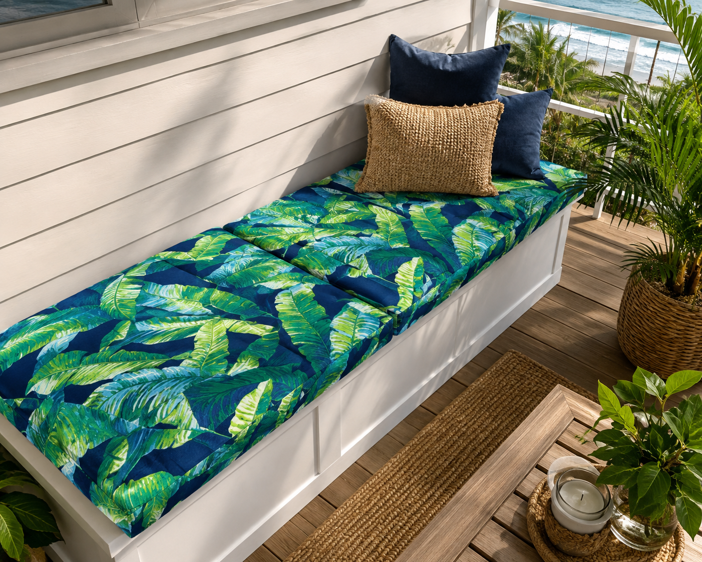 A white wooden beach-style bench cushion set with a tropical green and blue leaf print, styled with two navy blue pillows and one beige woven accent pillow on a porch.