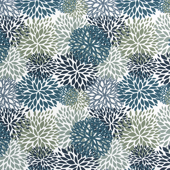 Patterned fabric with blue and white floral design on a white background