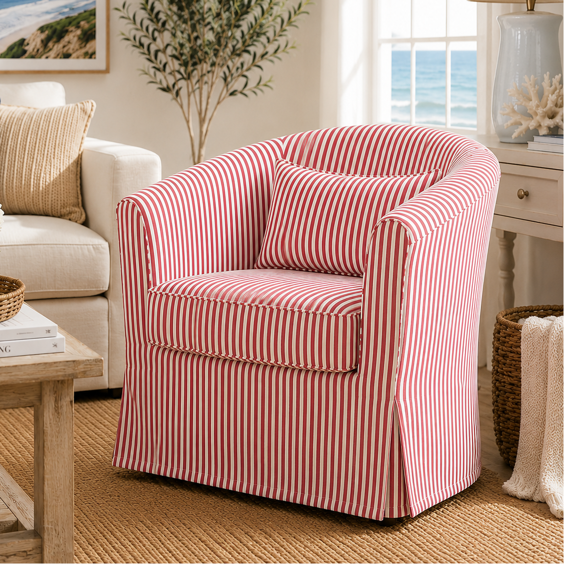 A slipcovered barrel-style armchair with pink and white vertical stripes, shown in a bright living room next to a white sofa and window.