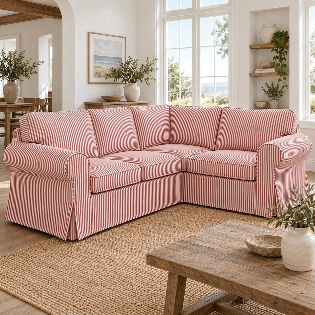 A red and white vertically striped fabric sectional sofa with a skirted base, shown in a bright, modern living room setting with a wooden coffee table, woven rug, and large windows.
