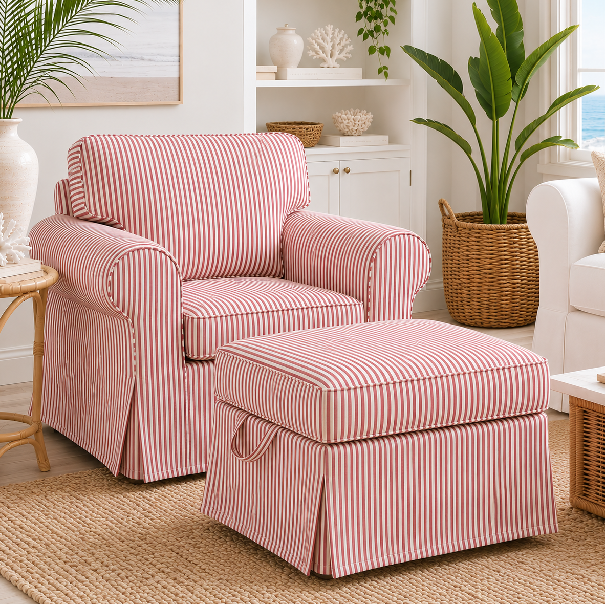 A pink and white striped slipcovered armchair with matching ottoman in a bright, coastal-style living room.