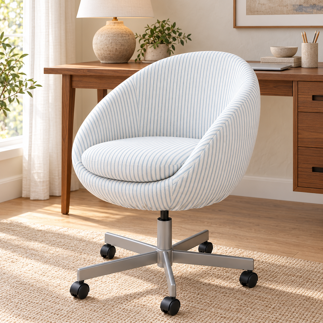 A modern swivel office chair with a rounded, cushioned seat and back upholstered in a light blue and white vertically striped fabric, set in a bright home office environment.