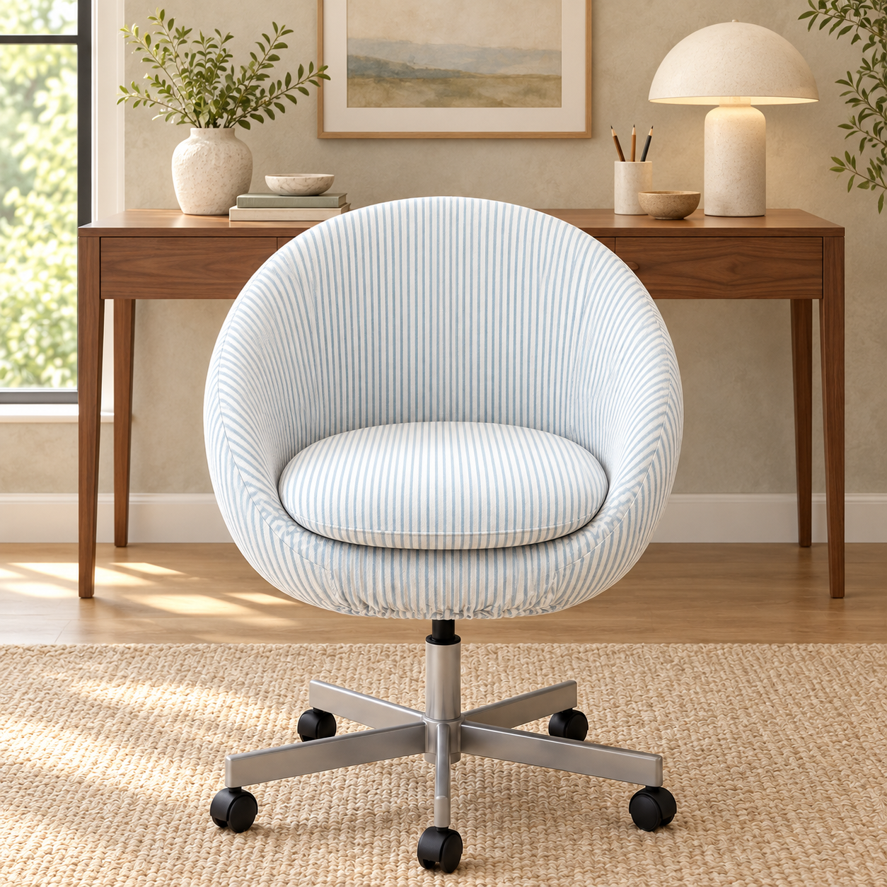 A round upholstered swivel chair with a light blue and white striped fabric, set in a bright home office environment in front of a wooden desk.