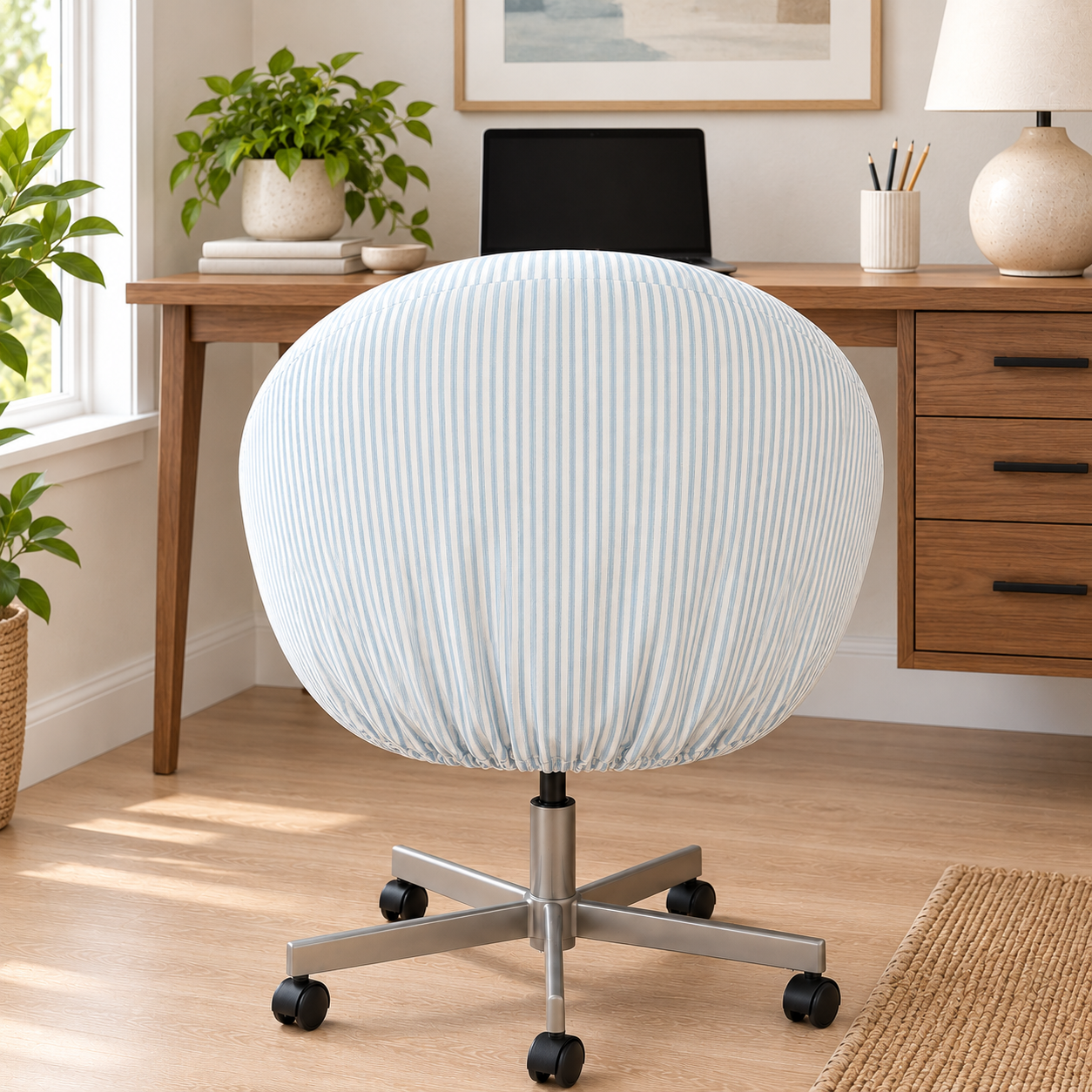 A round upholstered office chair with a light blue and white vertically striped fabric cover, mounted on a silver metal five-star wheeled base, shown in a bright home office setting.