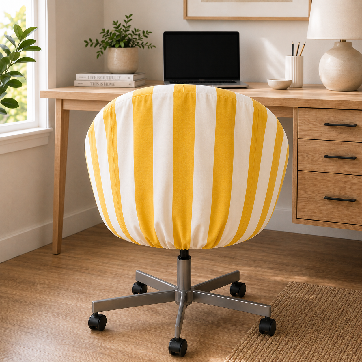 Yellow and white striped office chair in a home office setting with a desk and decor.