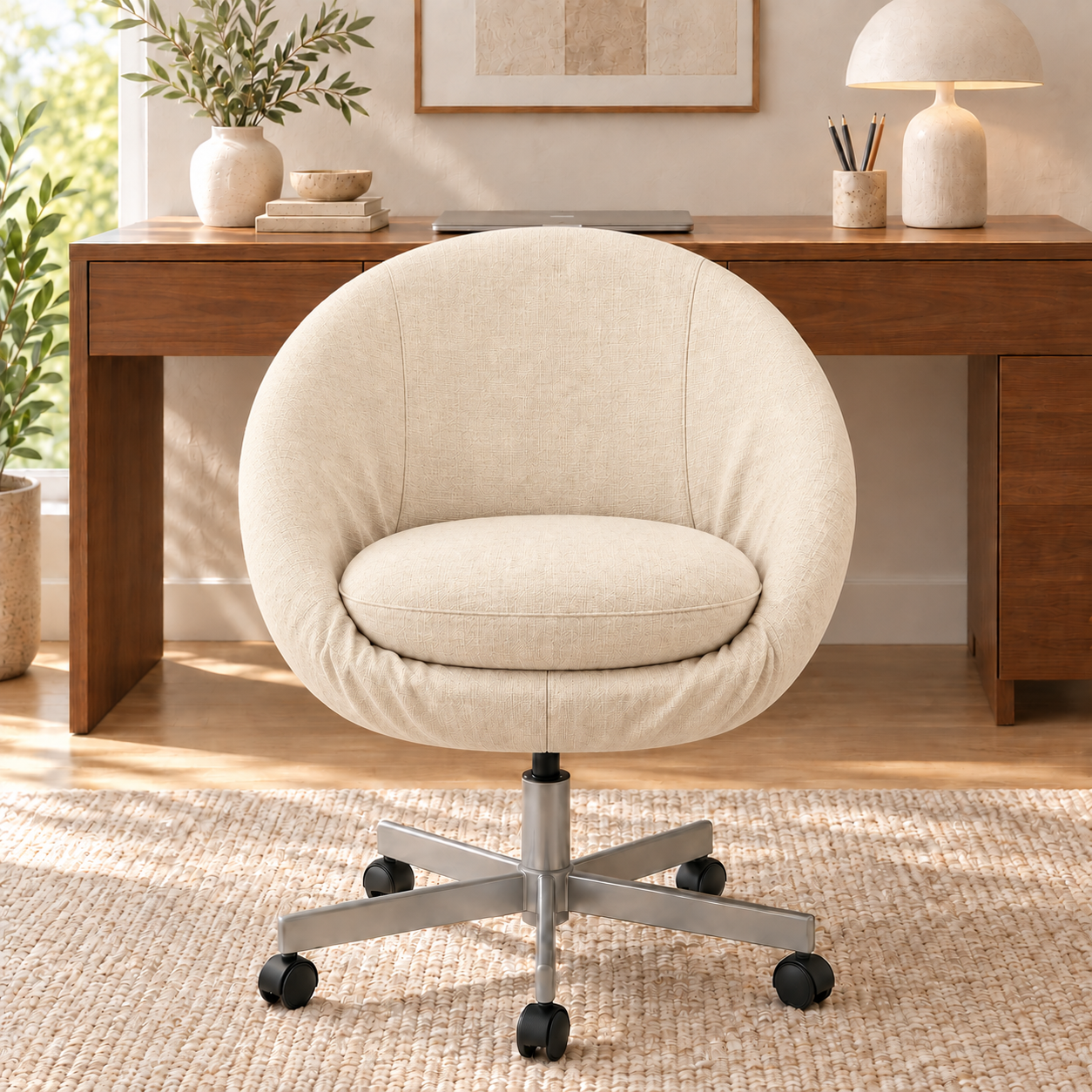 A round upholstered swivel chair in a warm off-white fabric sits in front of a wooden desk in a bright, modern home office setting.