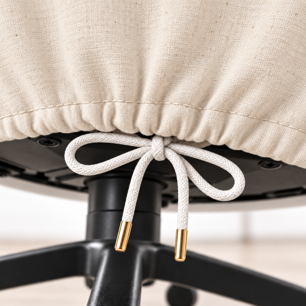 Close-up of a beige fabric chair slipcover with a white drawstring tied in a bow, featuring gold metal tips, shown on a black office chair.