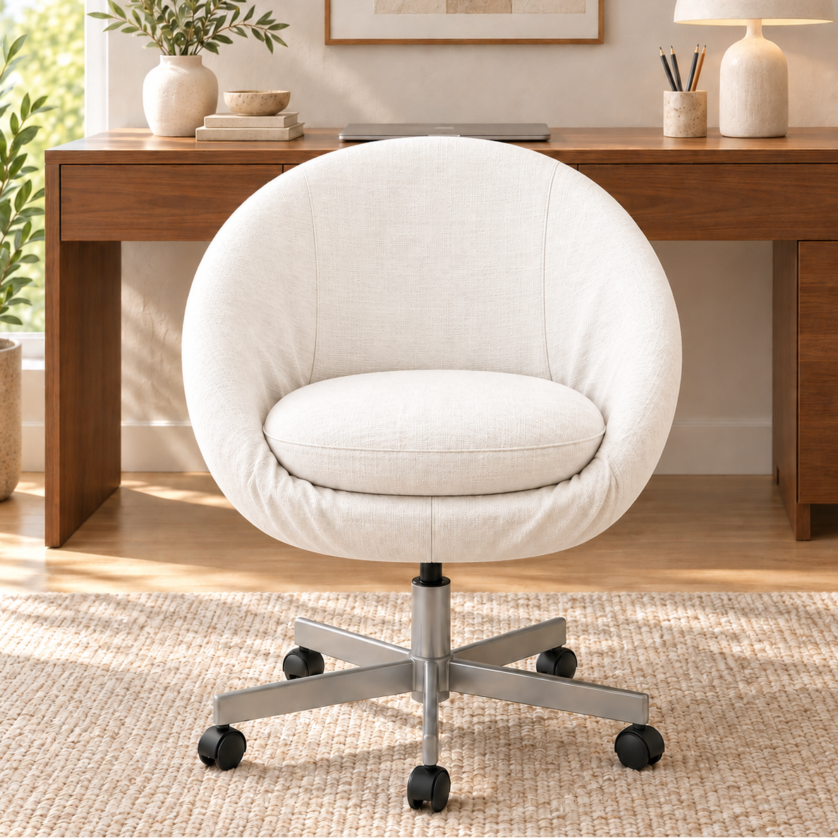 A round upholstered swivel chair in warm off-white fabric sits in front of a wooden desk in a bright, modern home office. The chair has a silver five-star metal base with black casters.