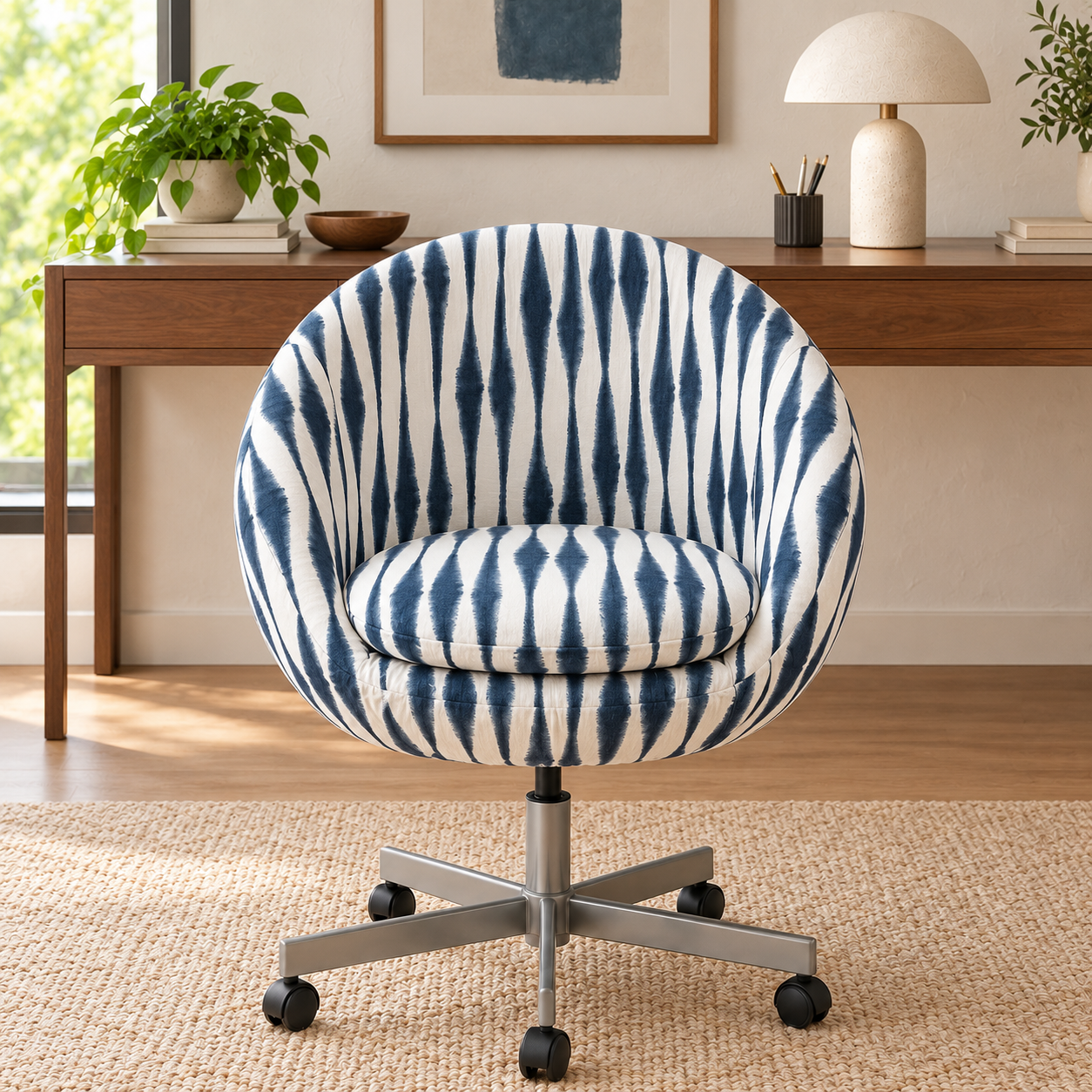 A round upholstered swivel chair with a blue and white ikat-style pattern, set in a bright, modern home office environment with a wooden desk, lamp, and plants.