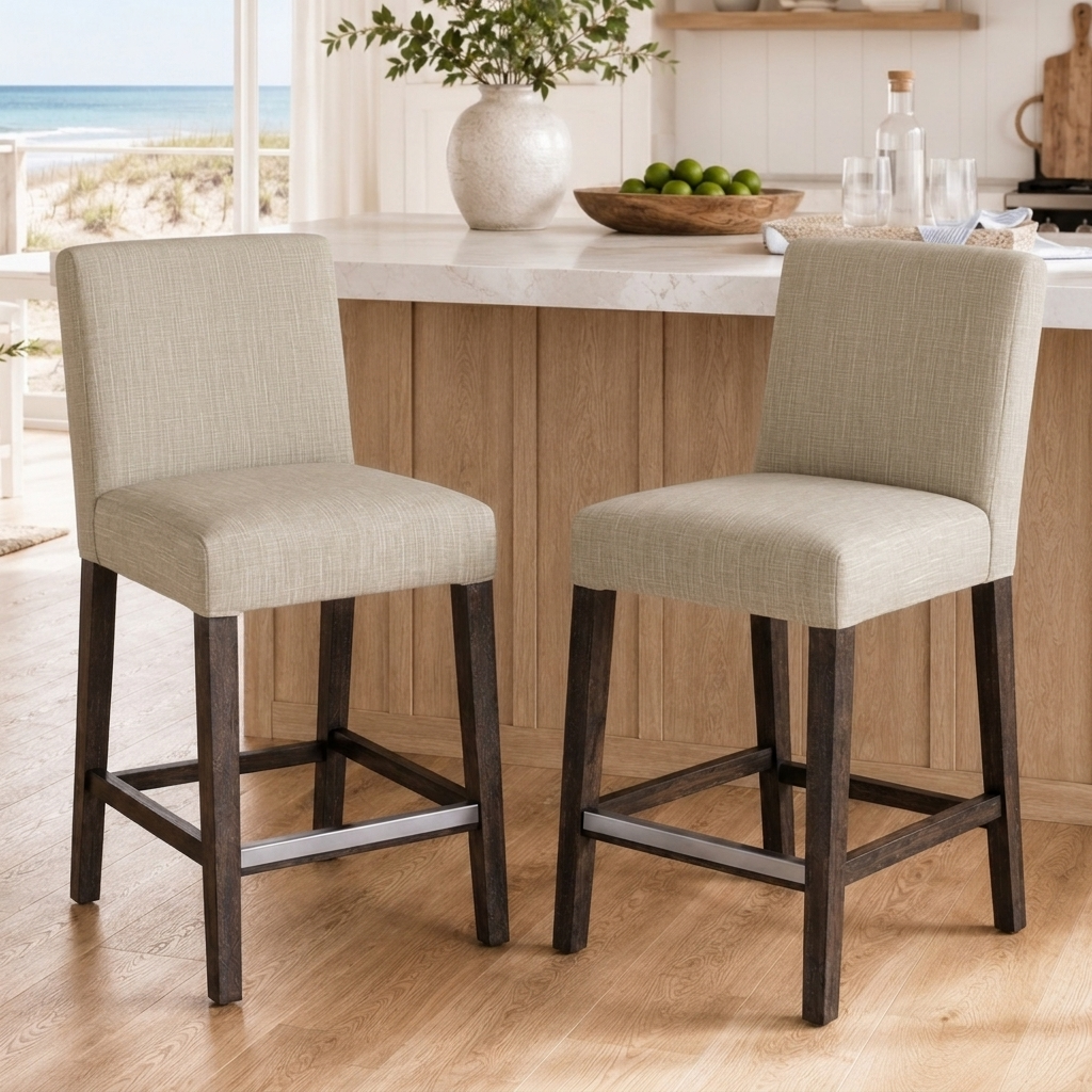 Two upholstered bar stools with light beige fabric seats and dark wood legs, shown in a bright kitchen setting with a counter and ocean view in the background.