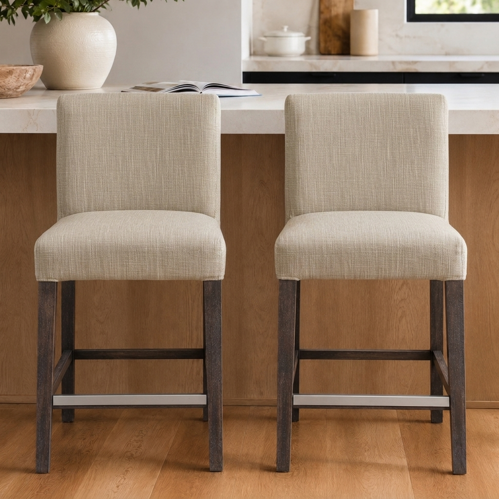 Two upholstered bar stools with light beige textured fabric seats and backs and dark wood legs, shown in a kitchen setting with a countertop and wood floor.
