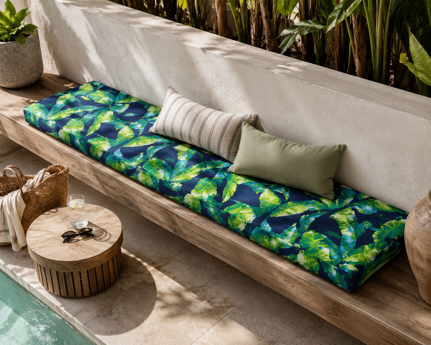 A tropical leaf patterned outdoor cushion set on a wooden bench beside a pool, styled with two accent pillows in a sunny patio setting.