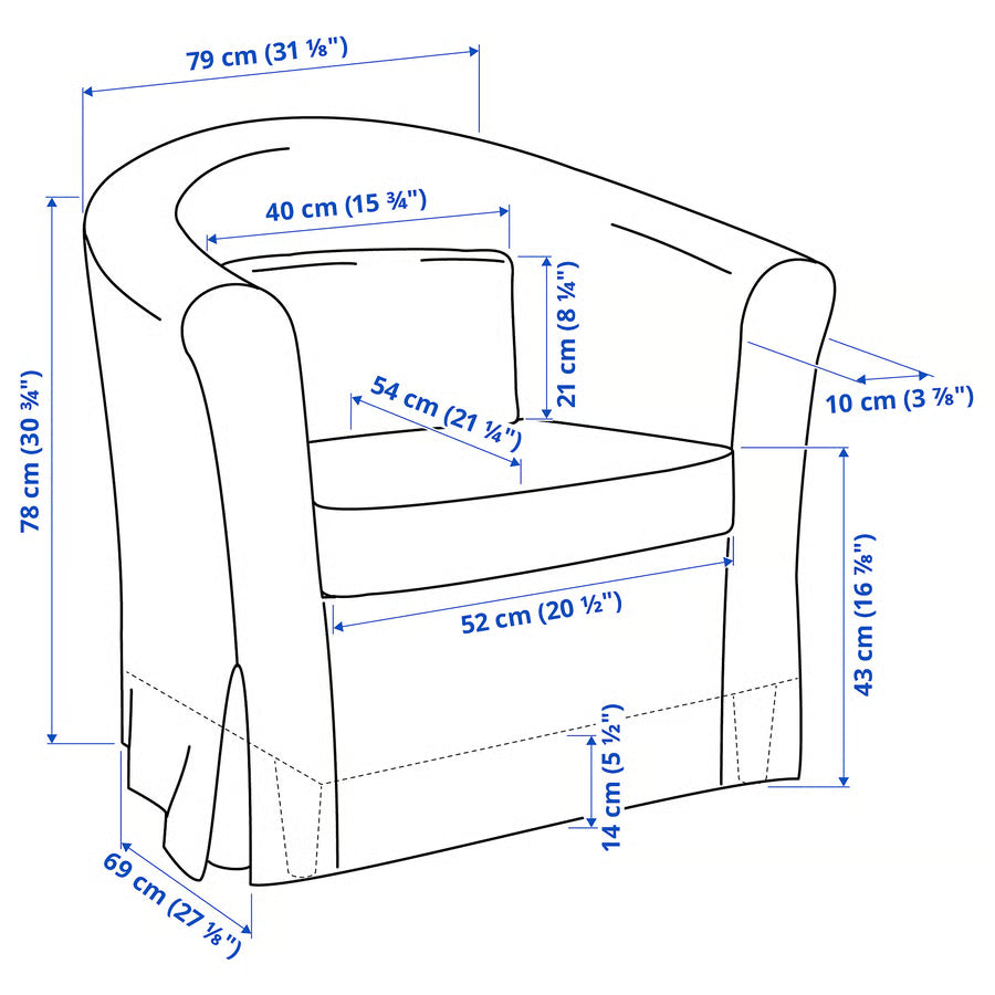 A line drawing of an armchair with blue dimension labels and measurement lines showing all major dimensions on a white background.