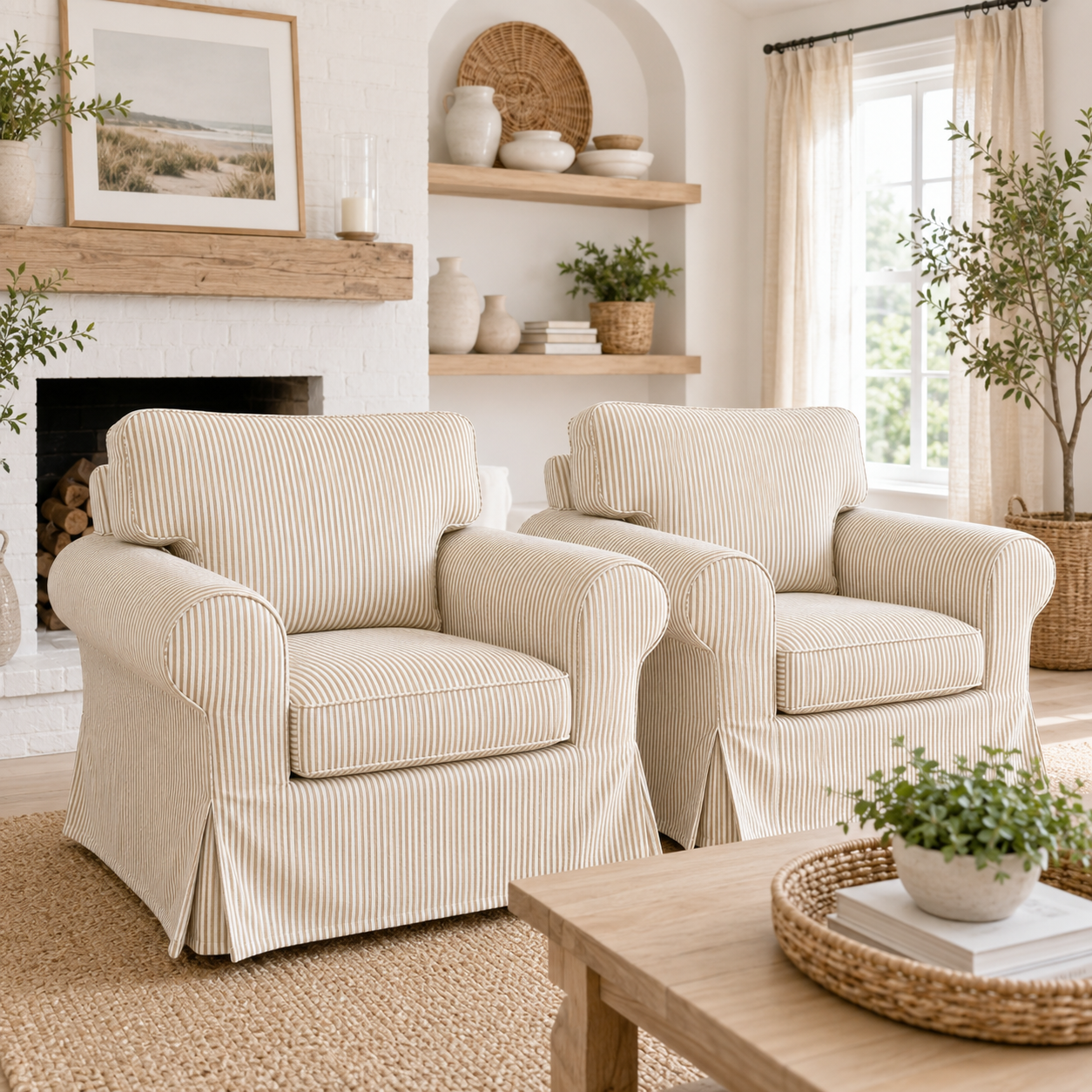 Two cream-colored slipcovered armchairs with subtle vertical stripe texture, styled in a bright, neutral-toned living room next to a fireplace and a wooden coffee table.