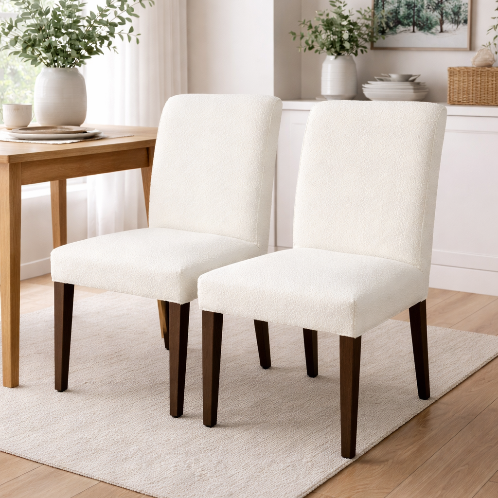 Two white boucle chairs with wooden legs in a dining room setting.
