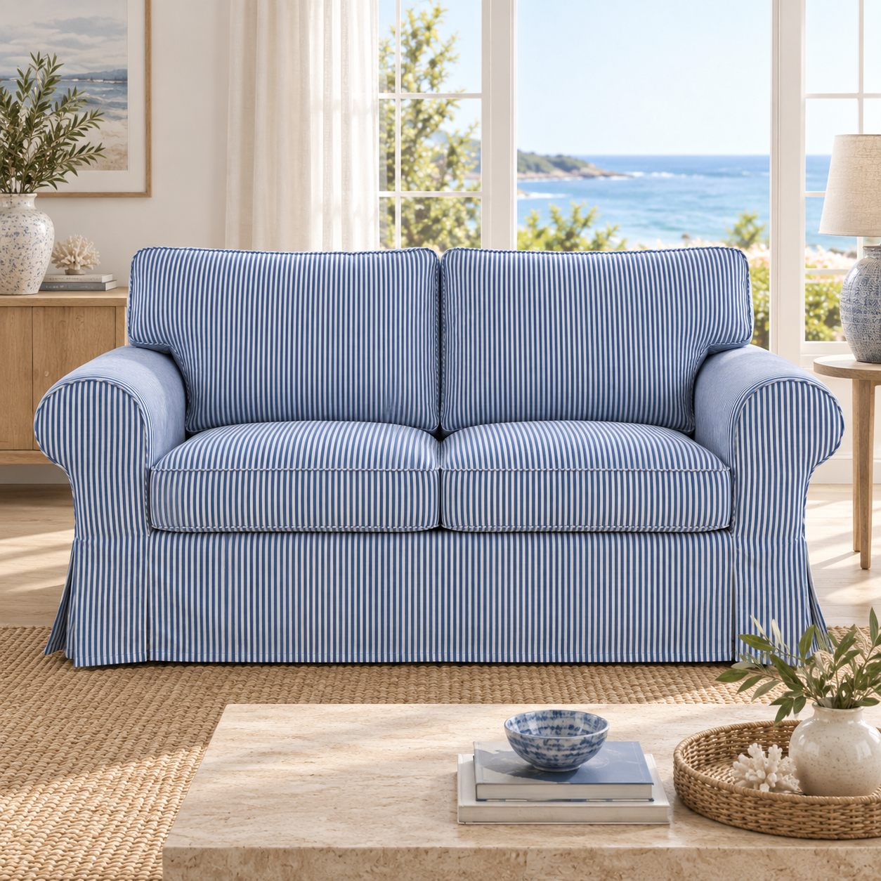 A blue and white striped slipcovered loveseat sofa in a bright, coastal-themed living room with a view of the ocean through large windows.
