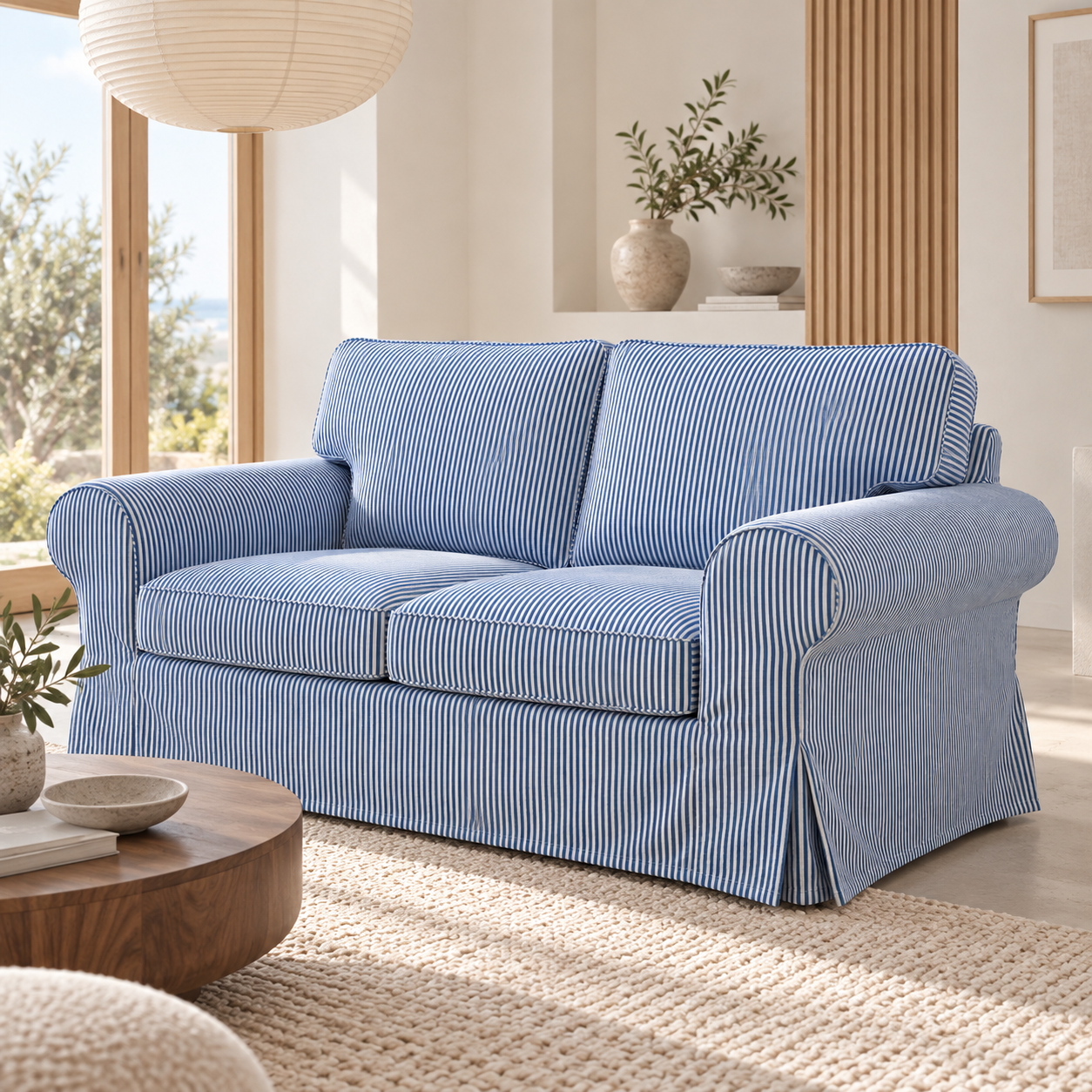 A two-seat slipcovered loveseat sofa in a light blue fabric with thin vertical white stripes, styled in a bright, modern living room.